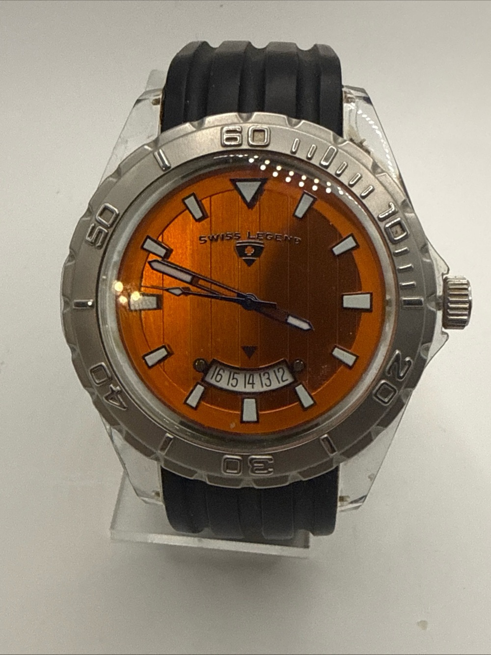 Swiss Legend men's sport watch featuring a vibrant orange dial New Battery!
